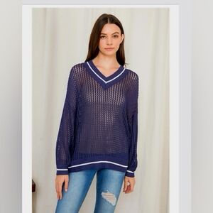 Mittoshop Navy Blue V Neck Contemporary Knit Top NWT Medium